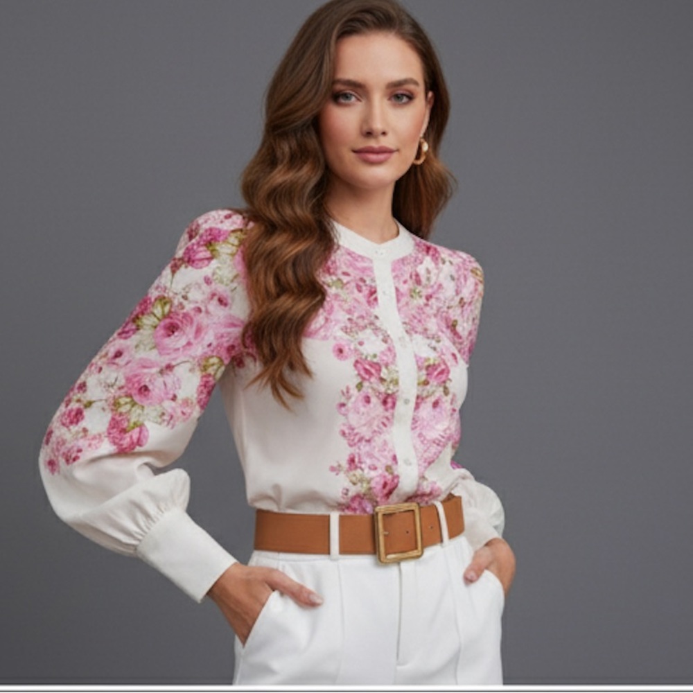 Pink Floral Print Button Front Blouse